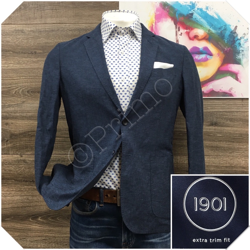 1901 Mens Linen Cotton Blazer Sport Coat Casual Jacket Size M (40R) Blue Suit